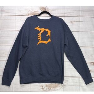 Livnfresh Michigan Detroit Tigers Orange Logo Heather Blue CrewNeck Sweatshirt L